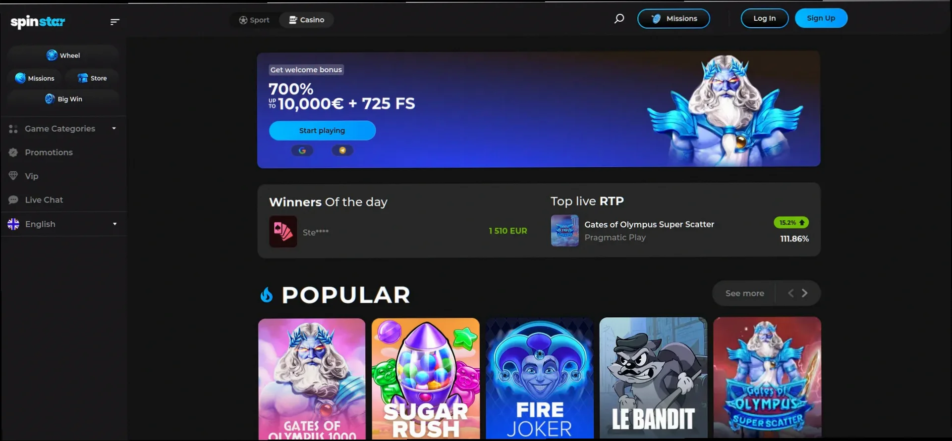 Spinstar Casino 150% tot €300 + 100 Gratis Spins welkomstbonus